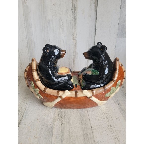 Ceramic black bears fishing couple canoe boat - Picture 1 of 12